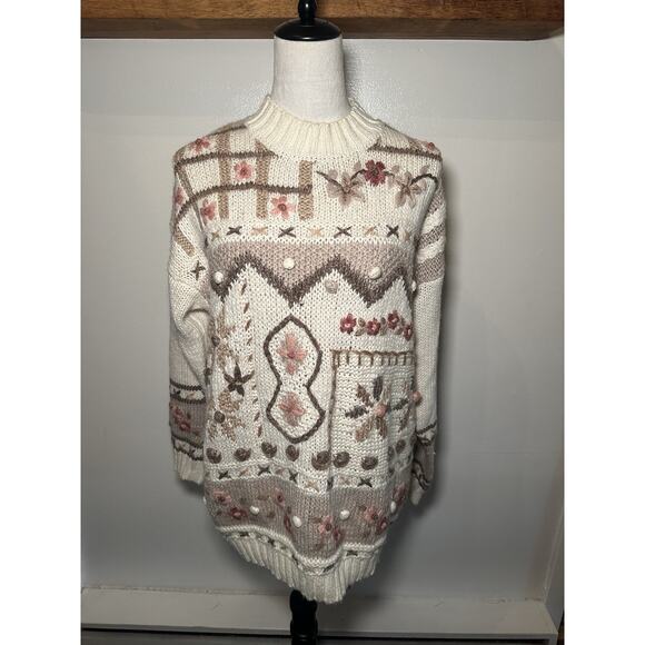 Vintage Sweater Hand Knit Cottage Core Granny Core Floral Sweater Large 3D - Picture 5 of 9